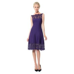 Tadashi Shoji Pintuck Lace Dress Purple Amethyst Stretch Size XL Black Tie Party